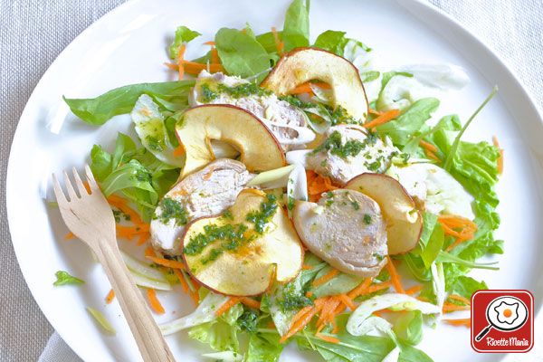 Insalata di pollo con verdure, mele essiccate e vinaigrette alle erbe