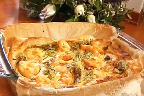 Quiche con code di gamberi e fiori di zucca