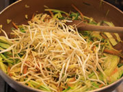 Straccetti di pollo con julienne di verdure e salsa di soia al vapore