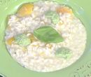 Risotto al peperone giallo con gorgonzola e salsa al basilico